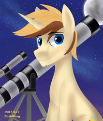 Size: 3360x3939 | Tagged: safe, artist:dash wang, oc, oc only, oc:cream brun, species:pony, species:unicorn, g4, cute, eyebrows, eyebrows visible through hair, looking at you, male, moon, ocbetes, signature, sitting, smiling, stallion, stars, telescope, three quarter view, unicorn oc