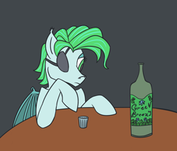 Size: 2100x1800 | Tagged: safe, artist:ononim, oc, oc only, oc:icy mint, species:bat pony, species:pony, newbie artist training grounds, absinthe, alcohol, atg 2017, bat wings, bottle, dark background, eyepatch, female, flat colors, glass, mare, simple background, solo, table, wings