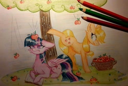 Size: 1709x1152 | Tagged: safe, artist:woonborg, character:applejack, character:twilight sparkle, character:twilight sparkle (alicorn), species:alicorn, species:earth pony, species:pony, annoyed, apple, apple tree, applebucking, applejack mid tree-buck facing the right with 3 apples falling down, applejack mid tree-buck with 3 apples falling down, basket, book, cheek fluff, chest fluff, colored pencil drawing, ear fluff, falling, female, floppy ears, food, frown, grass, horn impalement, mare, missing accessory, prone, scrunchy face, signature, standing, surprised, traditional art, tree