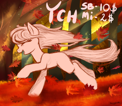 Size: 2300x2000 | Tagged: safe, artist:kruszyna25, autumn, commission, eyes closed, female, forest, happy, leaves, running, solo, sunshine, tree, your character here