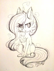 Size: 1560x2080 | Tagged: safe, artist:ohsushime, oc, oc:clarisse, species:earth pony, species:pony, chibi, female, mare, monochrome, sitting, solo, traditional art