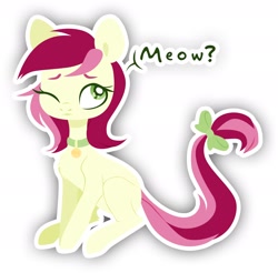 Size: 2194x2160 | Tagged: safe, artist:belka-sempai, character:roseluck, species:earth pony, species:pony, background pony, behaving like a cat, bow, collar, cute, digital art, female, hooves, lineless, mare, meow, missing cutie mark, one eye closed, pet tag, pony pet, rosepet, sitting, solo, tail bow, text
