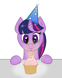 Size: 516x646 | Tagged: safe, artist:rhythmpixel, derpibooru original, character:twilight sparkle, birthday candles, candle, clothing, cupcake, female, food, happy birthday mlp:fim, hat, mlp fim's seventh anniversary, party hat, simple background, solo, transparent background