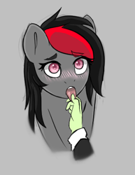 Size: 367x475 | Tagged: safe, artist:owlnon, oc, oc only, oc:miss eri, species:earth pony, species:pony, blushing, cuffs (clothes), disembodied hand, female, finger in mouth, hand, mare, mlem, tongue out