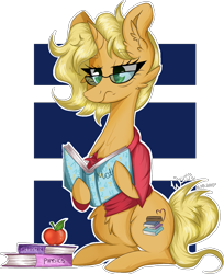 Size: 1066x1307 | Tagged: safe, artist:woonborg, oc, oc only, oc:study guide, species:pony, species:unicorn, apple, book, cheek fluff, chest fluff, clothing, ear fluff, female, fluffy, food, glasses, grumpy, mare, reading, shirt, signature, simple background, sitting, solo, sweater, textbook, tired, transparent background