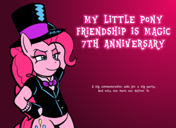Size: 1920x1400 | Tagged: safe, artist:regularmouseboy, character:pinkie pie, episode:party of one, g4, my little pony: friendship is magic, bipedal, bow tie, clothing, confident, flat colors, gradient background, happy birthday mlp:fim, hat, mlp fim's seventh anniversary, standing, suit, top hat, tuxedo