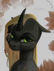 Size: 4248x5600 | Tagged: safe, artist:utauyan, oc, oc only, species:changeling, absurd resolution, brown changeling, changeling oc, long hair, looking at you, solo
