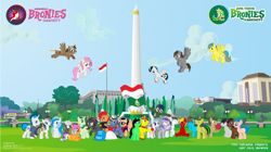 Size: 9946x5587 | Tagged: safe, artist:cakonde, oc, oc only, species:alicorn, species:earth pony, species:pegasus, species:pony, species:unicorn, absurd resolution, alicorn oc, brony, building, colt, community, culture, east java, enthusiasm, expressions, fandom, female, filly, flag, fly, flying, food, fun, gasp, grass, group, happy, indonesia, indonesian, lamp, male, mare, monument, museum, park, pegasister, salt, sickle, square, stallion, surabaya, tree, vegetation, whip