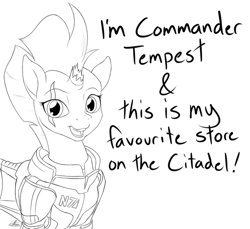 Size: 600x549 | Tagged: safe, artist:ethaes, character:tempest shadow, species:pony, species:unicorn, my little pony: the movie (2017), armor, broken horn, commander shepard, crossover, dialogue, eye scar, female, lineart, mass effect, meme, quote, scar, sketch, solo