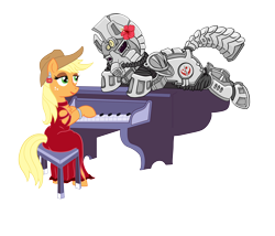 Size: 3500x3000 | Tagged: safe, artist:ghouleh, character:applejack, oc, oc:steelhooves, species:earth pony, species:pony, fallout equestria, inktober, applejack's rangers, armor, clothing, cowboy hat, dress, element of honesty, fanfic, fanfic art, female, flower, gun, hat, hibiscus, hooves, jewelry, male, mare, ministry mares, piano, power armor, red dress, shipping, simple background, stallion, steel ranger, steel rangers, straight, transparent background, weapon