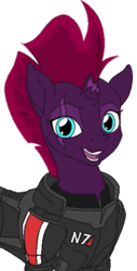 Size: 260x512 | Tagged: safe, artist:ethaes, artist:lucky stone, character:fizzlepop berrytwist, character:tempest shadow, species:pony, species:unicorn, my little pony: the movie (2017), armor, broken horn, colored, crossover, eye scar, female, mare, mass effect, n7 armor, scar, simple background, smiling, solo, sticker, transparent background