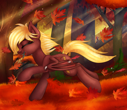Size: 2300x2000 | Tagged: safe, artist:kruszyna25, oc, oc only, oc:picture perfect, species:bat pony, species:bird, species:pony, autumn, female, forest, happy, leaves, mare, running, smiling, solo, sunshine, tree, ych result