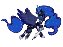 Size: 5300x4000 | Tagged: safe, artist:ghouleh, character:princess luna, species:alicorn, species:pony, inktober, armor, ear piercing, earring, glaive, glowing horn, horseshoes, jewelry, magic, piercing, simple background, spread wings, telekinesis, transparent background, weapon, wings