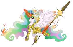 Size: 3500x2250 | Tagged: safe, artist:ghouleh, character:princess celestia, species:alicorn, species:pony, inktober, armor, crown, flaming, glowing horn, horseshoes, jewelry, magic, regalia, simple background, spear, telekinesis, transparent background, warrior celestia, weapon