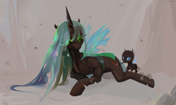 Size: 3500x2079 | Tagged: safe, artist:utauyan, character:queen chrysalis, species:changeling, baby, changeling queen, cutie mark, drawing, duo, heart, horn, larva, love, mommy chrissy, simple background, wings