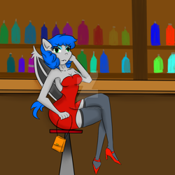 Size: 1280x1280 | Tagged: safe, artist:thiefdsaara1, artist:thomas tesla, oc, oc only, oc:countess, species:anthro, species:bat pony, alcohol, armpits, bar, bat pony oc, breasts, cleavage, clothing, cocktail dress, drink, female, gilf, high heels, milf, older, shoes, socks, solo, stockings, thigh highs, watermark
