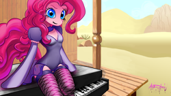 Size: 1920x1080 | Tagged: safe, artist:anthropony, character:pinkie pie, species:anthro, episode:over a barrel, g4, my little pony: friendship is magic, breasts, burlesque, clothing, female, piano, saloon dress, saloon pinkie, sitting, solo, stockings, wallpaper