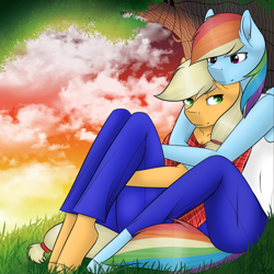 Size: 2500x2500 | Tagged: safe, artist:acidthead, character:applejack, character:rainbow dash, species:anthro, species:unguligrade anthro, ship:appledash, against tree, clothing, commission, female, lesbian, pants, shipping, sunset, tree, under the tree