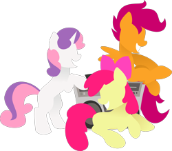 Size: 3170x2780 | Tagged: safe, artist:anonymousnekodos, character:apple bloom, character:babs seed, character:scootaloo, character:sweetie belle, species:earth pony, species:pegasus, species:pony, species:unicorn, blank flank, boombox, cutie mark crusaders, eyes closed, female, filly, foal, green background, grin, high res, hooves, horn, lineless, minimalist, modern art, simple background, smiling, transparent background, trio, wings