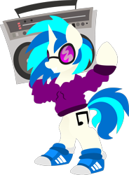 Size: 2126x2891 | Tagged: safe, artist:anonymousnekodos, character:dj pon-3, character:vinyl scratch, species:pony, species:unicorn, bipedal, boombox, clothing, cutie mark, female, grin, high res, hoodie, hooves, horn, lineless, mare, minimalist, modern art, shoes, simple background, smiling, sneakers, solo, sunglasses, transparent background