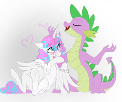 Size: 1600x1340 | Tagged: safe, artist:jaeneth, character:princess flurry heart, character:spike, species:alicorn, species:dragon, species:pony, blushing, covering mouth, eyes closed, female, flurryspike, freckles, heart, male, mare, older, older flurry heart, older spike, open mouth, shipping, simple background, smiling, straight