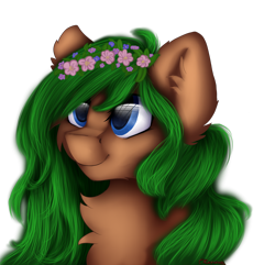 Size: 1600x1545 | Tagged: safe, artist:czywko, oc, oc only, species:pony, blue eyes, bust, female, floral head wreath, flower, green hair, mare, portrait, smiling, solo, speedpaint, ych result