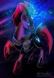 Size: 1024x1489 | Tagged: safe, artist:mad--munchkin, character:tempest shadow, species:pony, species:unicorn, my little pony: the movie (2017), broken horn, eye scar, female, lightning, magic, raised hoof, scar, smiling, solo, sparking horn, watermark