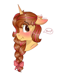 Size: 853x1062 | Tagged: safe, artist:person8149, oc, oc only, oc:ameenah, species:pony, species:unicorn, blushing, braid, bust, female, mare, meep, portrait, simple background, solo, transparent background