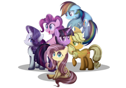 Size: 1468x1024 | Tagged: safe, artist:kimmyartmlp, character:applejack, character:fluttershy, character:pinkie pie, character:rainbow dash, character:rarity, character:twilight sparkle, character:twilight sparkle (alicorn), species:alicorn, species:pony, bipedal, flying, looking at you, mane six, simple background, sitting, smiling, transparent background, watermark