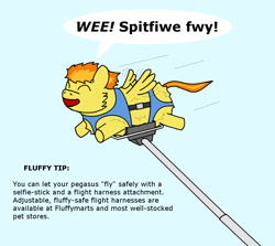 Size: 1232x1100 | Tagged: safe, artist:foxhoarder, character:spitfire, species:pegasus, species:pony, advertisement, fluffy pony, flying, happy, hugbox, selfie stick
