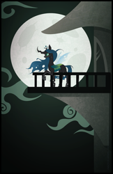 Size: 1200x1854 | Tagged: dead source, safe, artist:thenecrobalam, character:queen chrysalis, species:changeling, castle, female, moon, night, solo