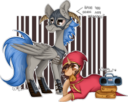 Size: 1294x1035 | Tagged: safe, artist:woonborg, oc, oc only, oc:shade, oc:woon, species:pegasus, species:pony, species:unicorn, armor, boombox, cheek fluff, cheese, chest fluff, clothing, dialogue, dunka dunka, ear fluff, eating, female, food, helmet, hoof hold, magicka, male, mare, prone, robe, shoes, signature, simple background, smiling, stallion, standing, transparent background