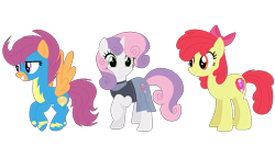 Size: 1029x547 | Tagged: safe, artist:theapplebeauty, base used, character:apple bloom, character:scootaloo, character:sweetie belle, species:earth pony, species:pegasus, species:pony, species:unicorn, adult, bow, clothing, cutie mark crusaders, female, hair bow, mare, older, simple background, transparent background, trio, uniform, wonderbolts uniform