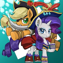 Size: 1000x1000 | Tagged: safe, artist:bojack_mlplove, character:applejack, character:rarity, species:earth pony, species:pony, species:unicorn, clothing, cutlass, duo, female, hat, looking at you, mare, mouth hold, pirate, pirate costume, pirate hat, sword, weapon