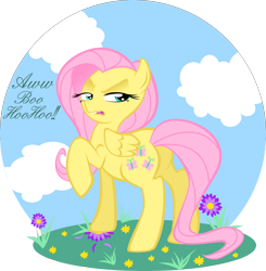 Size: 4794x4883 | Tagged: safe, artist:heart-of-stitches, character:fluttershy, species:pegasus, species:pony, absurd resolution, dialogue, female, flower, flutterbitch, folded wings, head turn, lidded eyes, looking at you, looking back, looking back at you, mare, open mouth, raised hoof, simple background, solo, transparent background
