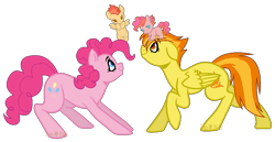 Size: 1097x564 | Tagged: safe, artist:detoxx-retoxx, character:pinkie pie, character:spitfire, oc, oc:cherry pie, oc:rosy flame, parent:pinkie pie, parent:spitfire, species:earth pony, species:pegasus, species:pony, baby, baby pony, female, filly, lesbian, magical lesbian spawn, offspring, parents:spitpie, shipping, spitpie