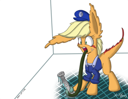 Size: 2250x1750 | Tagged: safe, artist:arthur9078, artist:heir-of-rick, character:applejack, clothing, female, frozen, impossibly large ears, monster pony, original species, pipe (plumbing), plumber, solo, species swap, stuck, tatzljack, tatzlpony, tentacle tongue, tentacles, tongue out, tongue stuck to pole, uniform