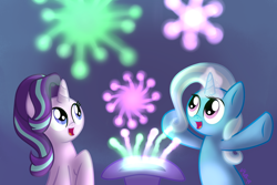 Size: 1024x683 | Tagged: safe, artist:vcm1824, character:starlight glimmer, character:trixie, species:pony, species:unicorn, clothing, duo, female, fireworks, glowing horn, hat, mare, trixie's hat