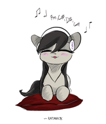Size: 2026x2362 | Tagged: safe, artist:ratann, character:octavia melody, species:earth pony, species:pony, :3, blushing, cute, eyes closed, female, headphones, mare, music notes, open mouth, pillow, prone, simple background, smiling, solo, tavibetes, white background