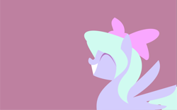 Size: 1632x1020 | Tagged: safe, artist:anonymousnekodos, character:flitter, species:pegasus, species:pony, bow, eyes closed, female, grin, hair bow, lineless, mare, minimalist, modern art, simple background, smiling, solo, spread wings, wallpaper, wings