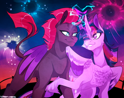 Size: 1720x1361 | Tagged: safe, artist:polkadot-creeper, character:fizzlepop berrytwist, character:tempest shadow, character:twilight sparkle, character:twilight sparkle (alicorn), species:alicorn, species:classical unicorn, species:pony, species:unicorn, ship:tempestlight, my little pony: the movie (2017), chest fluff, cloven hooves, duo, female, fireworks, glowing horn, leonine tail, lesbian, looking at each other, one eye closed, shipping, smiling, spread wings, unshorn fetlocks, wings, wink
