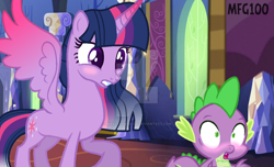 Size: 1024x621 | Tagged: safe, artist:mixelfangirl100, character:spike, character:twilight sparkle, character:twilight sparkle (alicorn), species:alicorn, species:dragon, species:pony, ship:twispike, blushing, blushing wings, female, horn blush, male, mare, open mouth, raised hoof, shipping, standing, straight, watermark