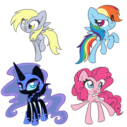 Size: 1500x1500 | Tagged: safe, artist:piichu-pi, character:derpy hooves, character:nightmare moon, character:pinkie pie, character:princess luna, character:rainbow dash, species:alicorn, species:earth pony, species:pegasus, species:pony, species:unicorn, chibi, eye clipping through hair, female, hoof shoes, mare, rearing, simple background, transparent background