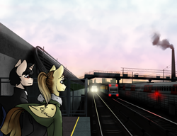 Size: 3000x2300 | Tagged: safe, artist:serodart, artist:subway777, oc, oc only, species:pegasus, species:pony, species:unicorn, city, cityscape, clothing, coat, collaboration, dawn, duo, factory, female, male, mare, metro, moscow, ponytail, railroad, smokestack, stallion, standing, subway, train