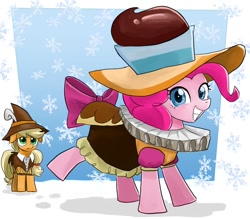 Size: 1000x877 | Tagged: safe, artist:bojack_mlplove, character:applejack, character:pinkie pie, episode:hearth's warming eve, g4, my little pony: friendship is magic, chancellor puddinghead, clothing, duo, looking at you, ruff (clothing), smart cookie, smiling, snow, snowflake