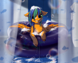 Size: 3240x2622 | Tagged: safe, artist:rokufuro, oc, oc only, oc:naarkerotics, species:pegasus, species:pony, cute, pegasus oc, smiling, soap, soap bubble, solo, swimming pool, unshorn fetlocks, wet mane, wings, ych result