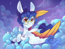 Size: 1024x768 | Tagged: safe, artist:nebulanovia, oc, oc only, oc:pheobe, species:pegasus, species:pony, cloud, colored wings, female, glasses, mare, multicolored wings, prone, solo, starry eyes, wingding eyes