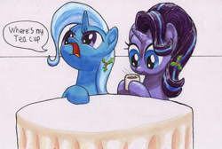 Size: 3421x2302 | Tagged: safe, artist:bbqninja501st, character:starlight glimmer, character:trixie, species:pony, species:unicorn, female, mare, mug, table, that pony sure does love teacups, traditional art