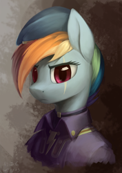 Size: 1812x2563 | Tagged: safe, artist:draconidsmxz, character:rainbow dash, species:pegasus, species:pony, fallout equestria, bust, clothing, eye scar, fanfic, fanfic art, female, hat, looking at you, mare, ministry mares, ministry of awesome, scar, solo, uniform, wings