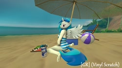 Size: 1920x1080 | Tagged: safe, artist:gr-vinyl-scratch, character:dj pon-3, character:vinyl scratch, species:anthro, species:plantigrade anthro, 3d, ball, barefoot, beach, chair, clothing, feet, looking at you, one-piece swimsuit, pizza box, soda, source filmmaker, swimsuit, umbrella, vinylcorn